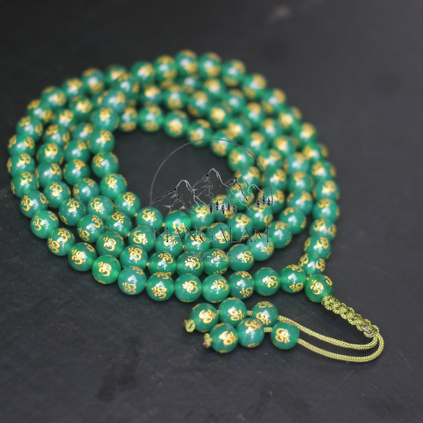 Green Agate Necklace, OM engraved Necklace, Mala Necklace Buddhist Mala 108 Mala beads, Meditation Necklace