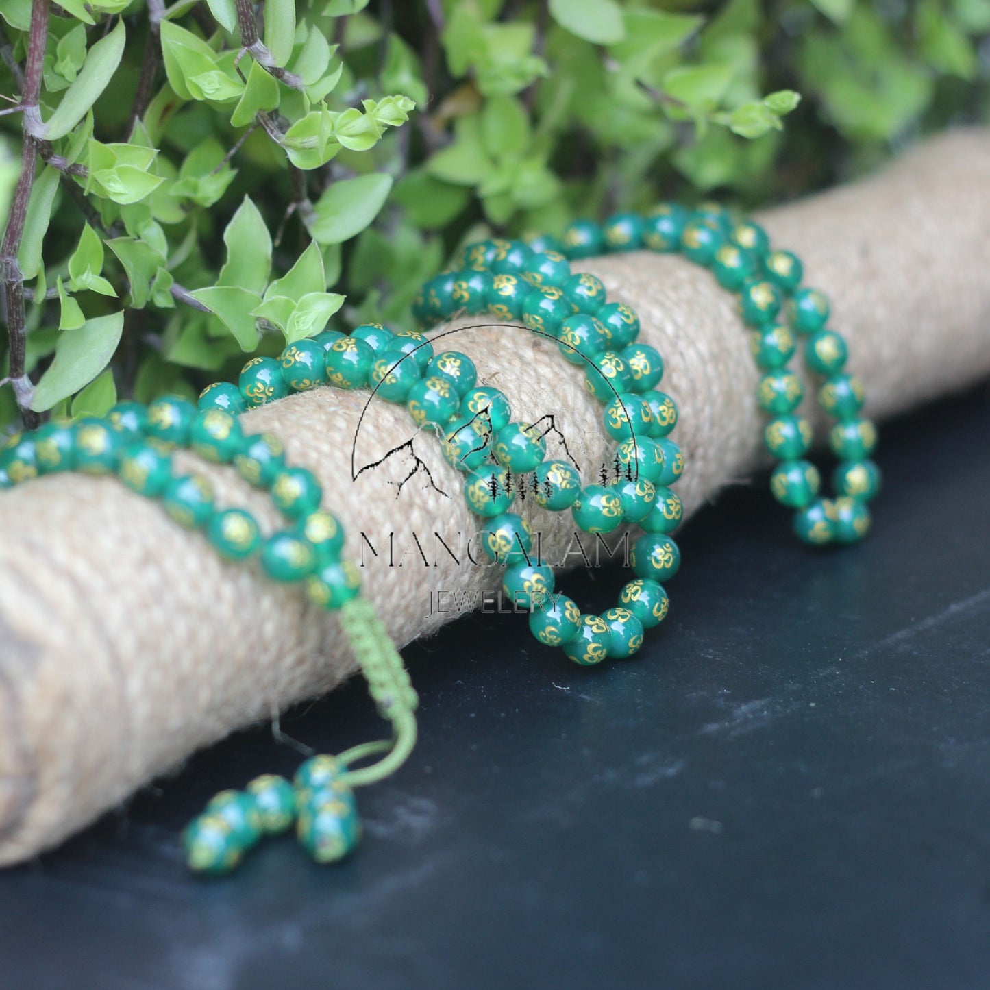Green Agate Necklace, OM engraved Necklace, Mala Necklace Buddhist Mala 108 Mala beads, Meditation Necklace