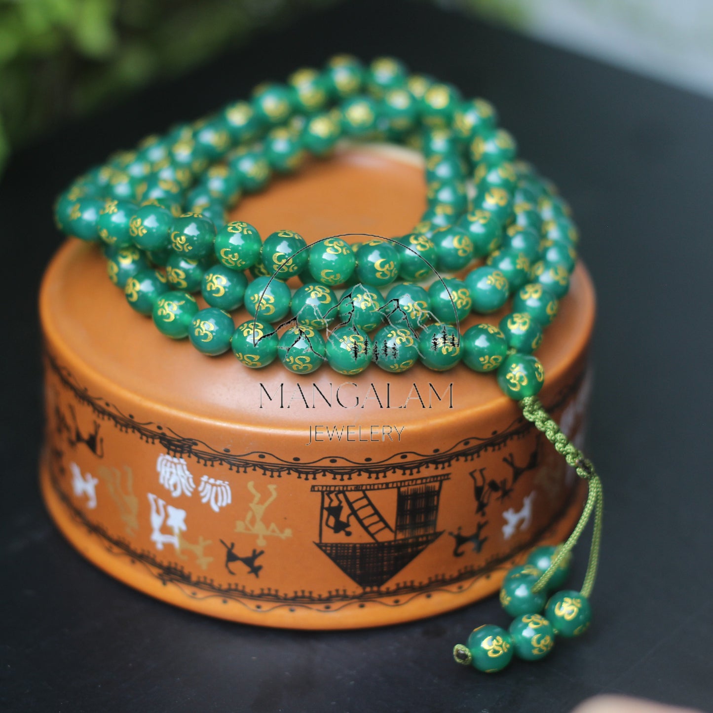 Green Agate Necklace, OM engraved Necklace, Mala Necklace Buddhist Mala 108 Mala beads, Meditation Necklace