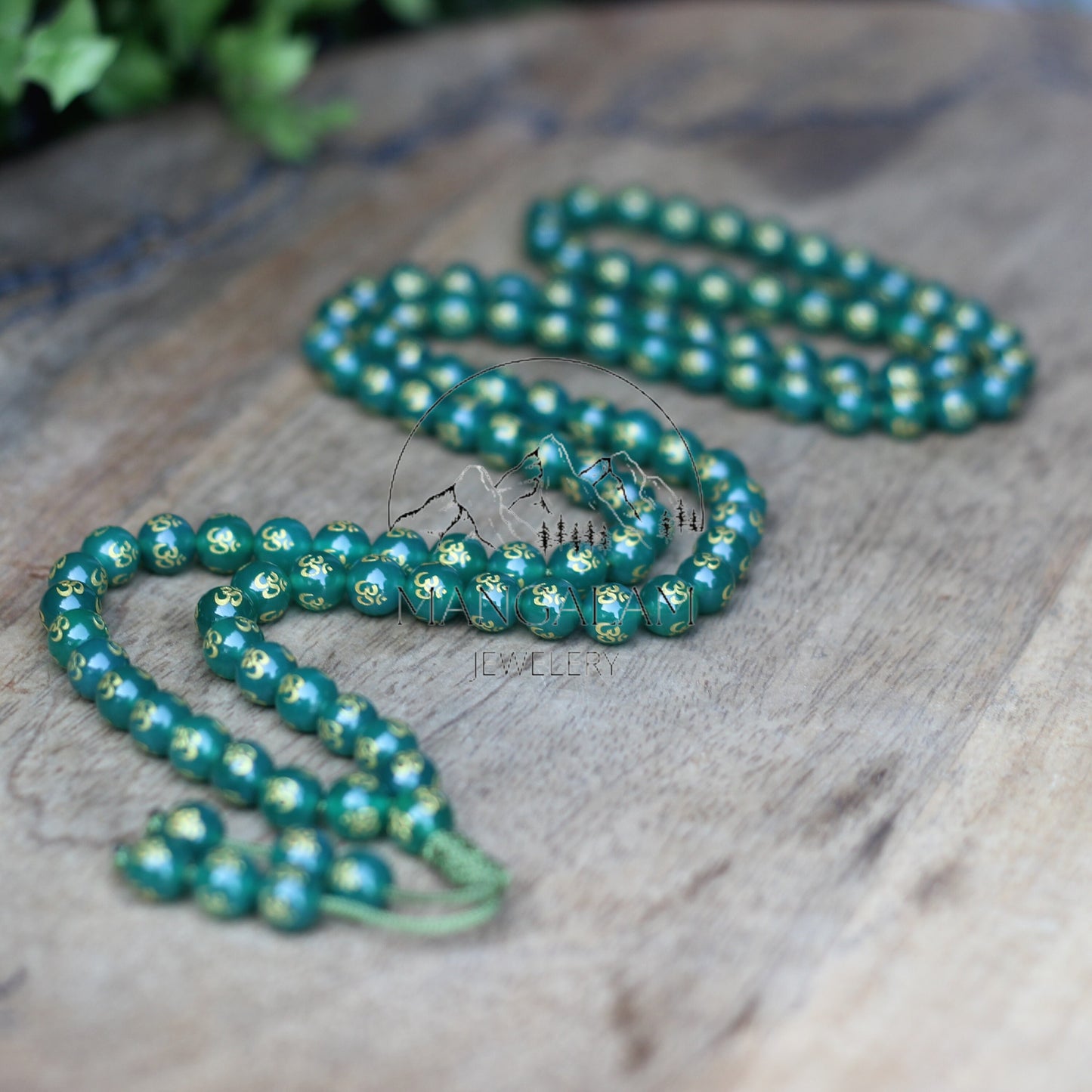 Green Agate Necklace, OM engraved Necklace, Mala Necklace Buddhist Mala 108 Mala beads, Meditation Necklace