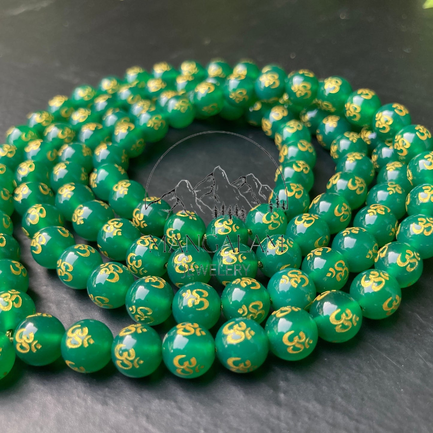Green Agate Necklace, OM engraved Necklace, Mala Necklace Buddhist Mala 108 Mala beads, Meditation Necklace