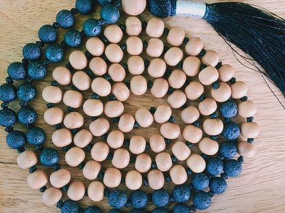 Sandalwood and Lava Necklace, Sandalwood Necklet, 108 Mala Beads, Statement Necklace, Gift For Yoga Lover, Handmade Jewelry