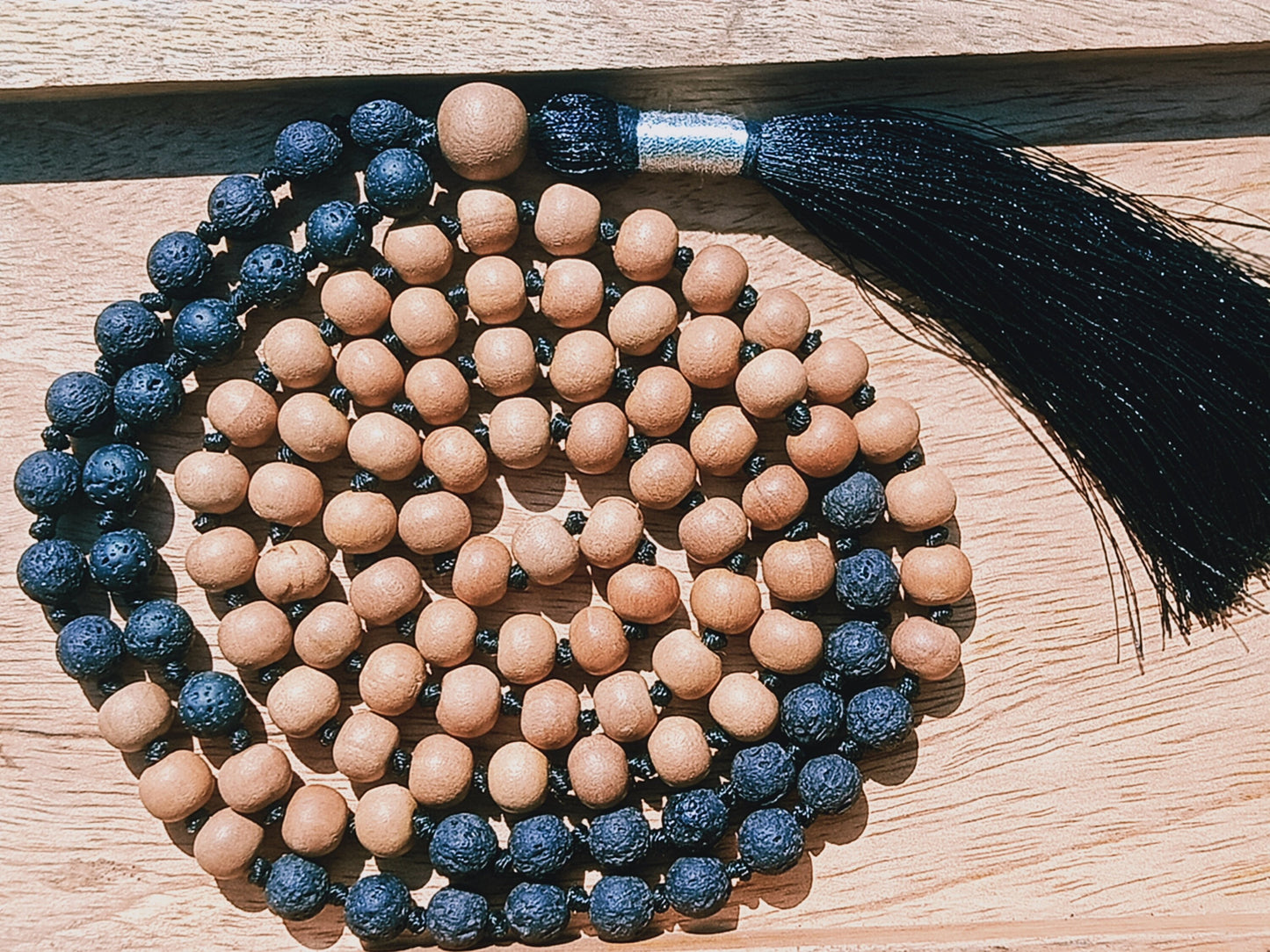 Sandalwood and Lava Necklace, Sandalwood Necklet, 108 Mala Beads, Statement Necklace, Gift For Yoga Lover, Handmade Jewelry