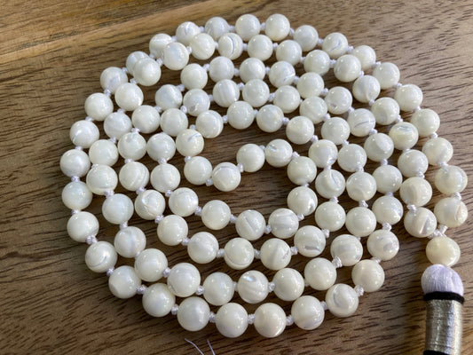 Mother Of Pearl Mala For Purity & Morality, 108 Mala Beads, Natural White Round Pearls, Mother Of Pearl Necklace, Wedding Necklace