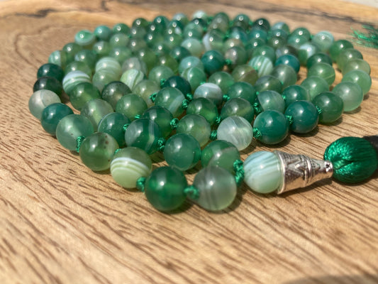 Banded Agate Mala, 108 Mala Beads, Green Agate Necklace, Hand Knotted Mala, Statement Necklet, Handmade Jewelry