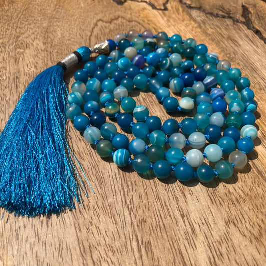 Introspection Mala 8MM, Light Blue Banded Agate Necklace, 108 Beads, Light Blue Banded Agate Mala, Bohemian Necklace, Yoga Gift