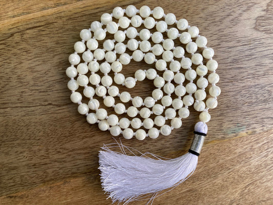 Mother Of Pearl Mala For Purity & Morality, 108 Mala Beads, Natural White Round Pearls, Mother Of Pearl Necklace, Wedding Necklace