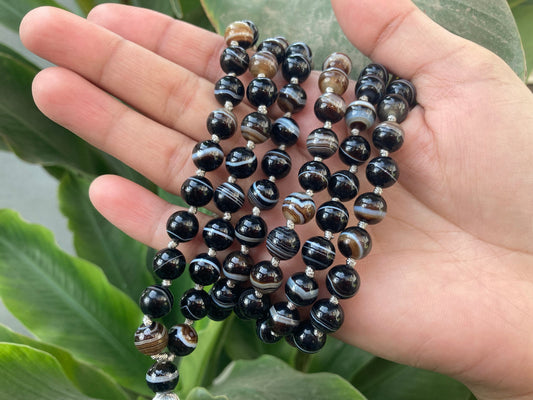Black Banded Agate Necklace, 108 Beads, Black Banded Agate Mala, Bohemian Necklace, Handmade Jewelry