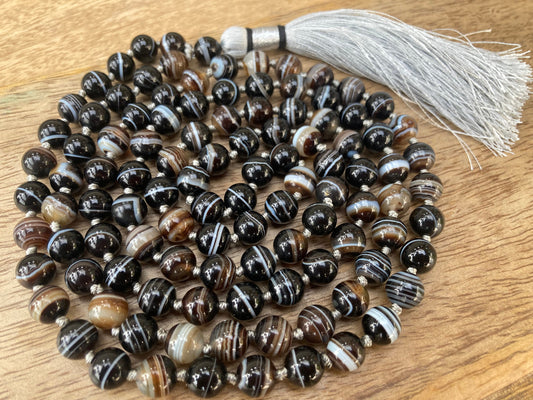 Black Banded Agate Necklace, 108 Beads, Black Banded Agate Mala, Bohemian Necklace, Handmade Jewelry