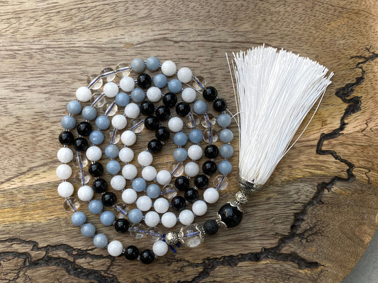 Angelite Mala Beads Necklace, 108 Mala Beads, Protection Japa mala, The Throat chakra Mala Beads, Yoga Lover Gift, Meditation Jewelry