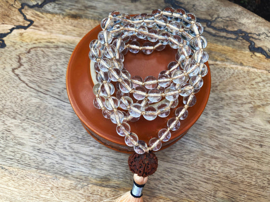 Master Healer Mala with AAA Natural Sphatik Mala and 5 Mukhi Rudraksha guru Bead, Genuine Sphatic Crystal Beads Necklace,