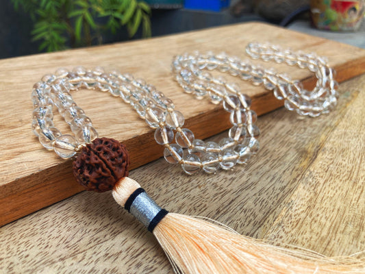 Master Healer Mala with AAA Natural Sphatik Mala and 5 Mukhi Rudraksha guru Bead, Genuine Sphatic Crystal Beads Necklace,