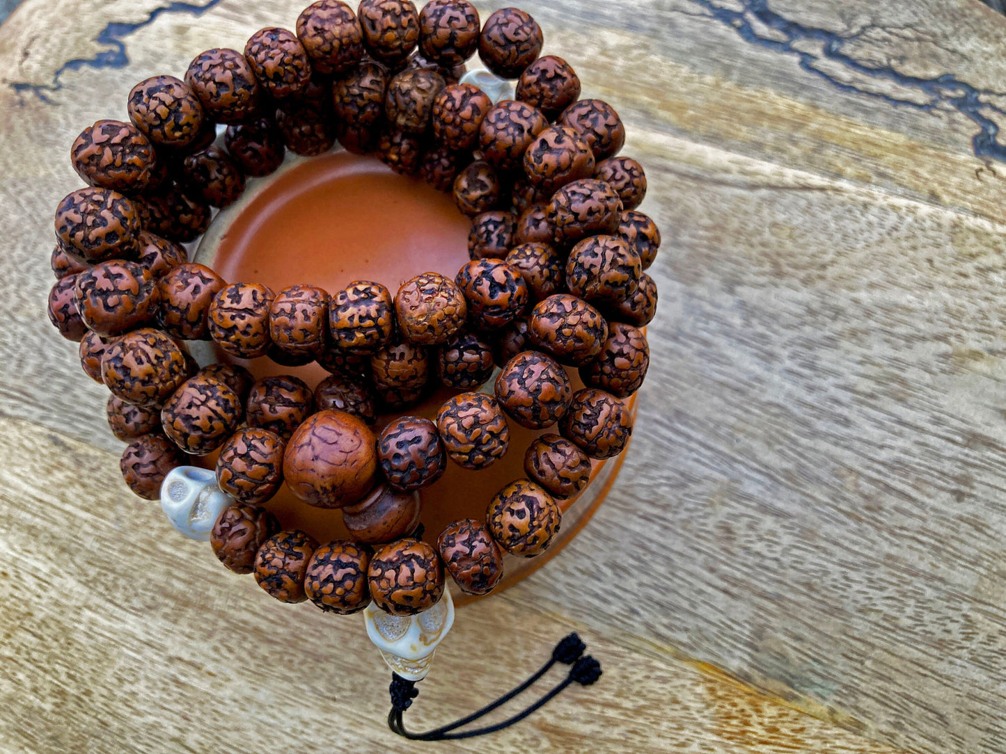 108 Natural Aged Dark Brown Rudraksha Seed Mala Prayer Beads with  Bone Skull Beads, Sacred Rudraksha Japa Mala, Meditation Mala Rosary