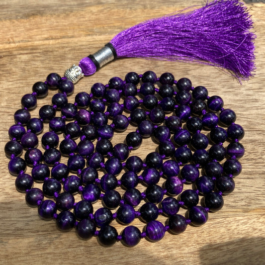 Purple Tiger Eye Mala With Buddha Guru Bead, Prayer Beads, Purple Tiger Eye Necklace, 108 Mala Beads, Statement Necklace.