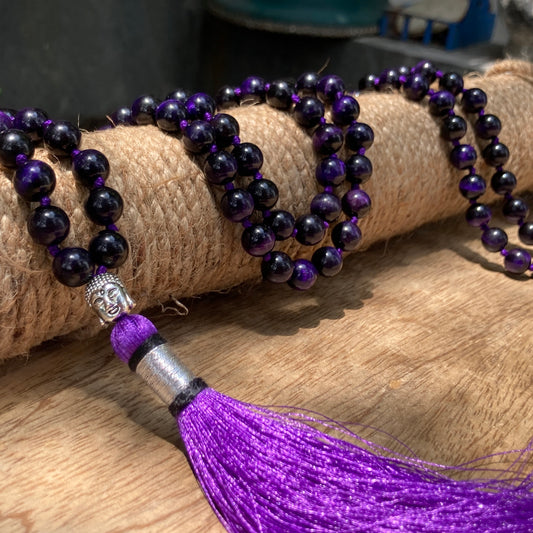 Purple Tiger Eye Mala With Buddha Guru Bead, Prayer Beads, Purple Tiger Eye Necklace, 108 Mala Beads, Statement Necklace.