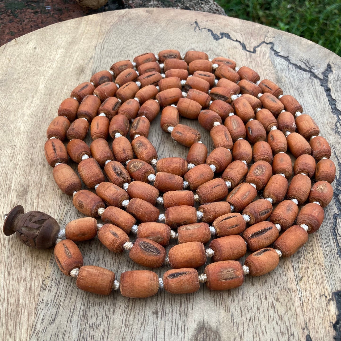 Maha Chunky Tulasi / Tulsi Beads Mala with Carved Radhe Guru bead, Tulasi Necklace, Tulsi Mala