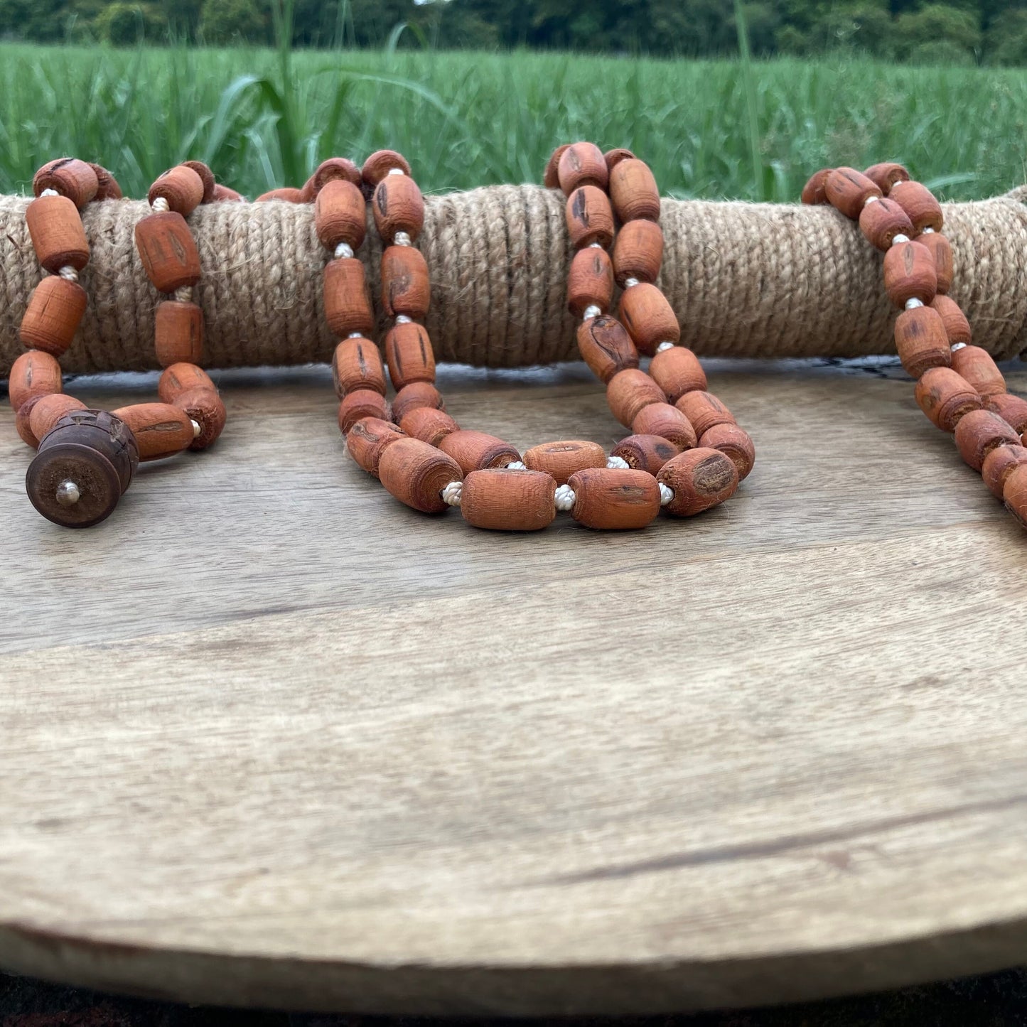 Maha Chunky Tulasi / Tulsi Beads Mala with Carved Radhe Guru bead, Tulasi Necklace, Tulsi Mala
