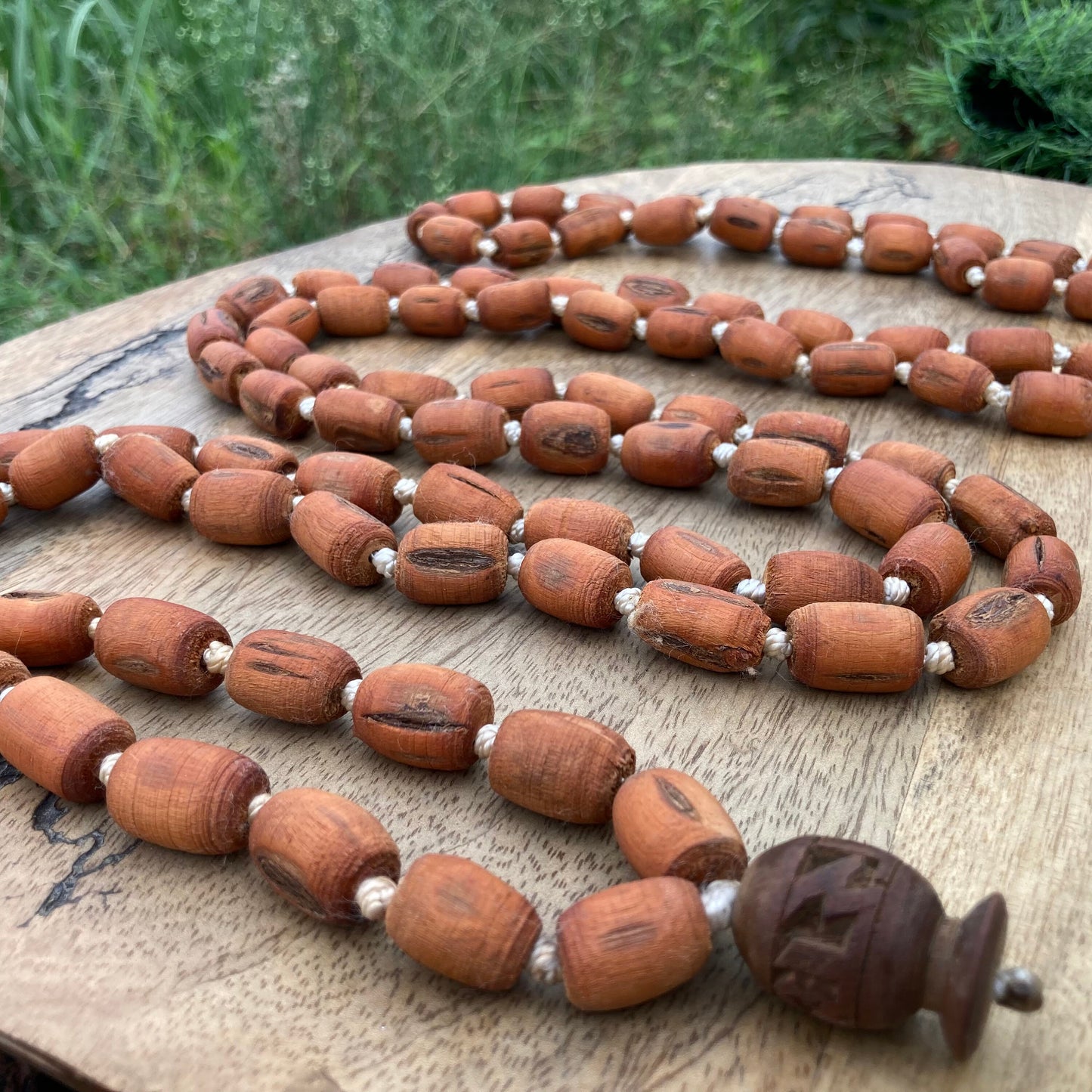 Maha Chunky Tulasi / Tulsi Beads Mala with Carved Radhe Guru bead, Tulasi Necklace, Tulsi Mala