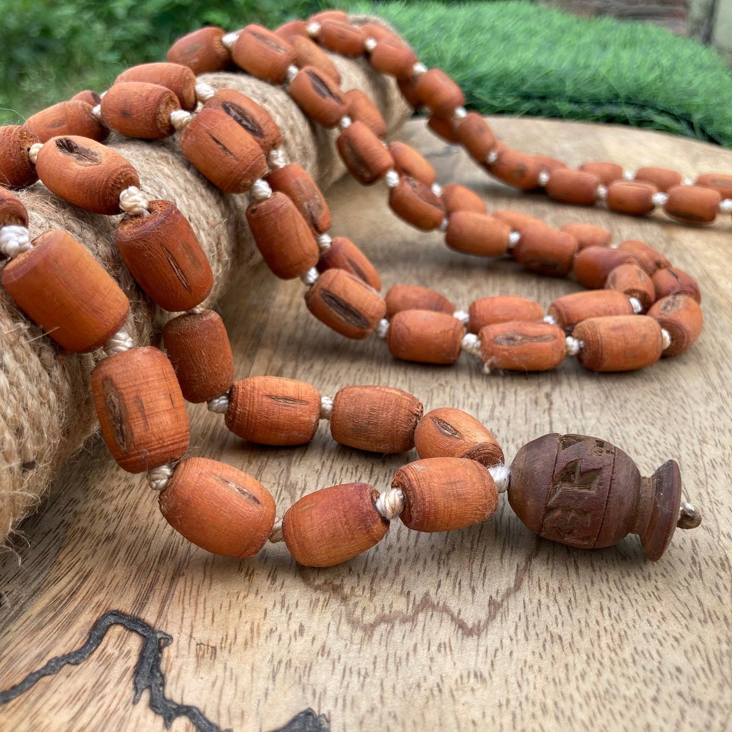 Maha Chunky Tulasi / Tulsi Beads Mala with Carved Radhe Guru bead, Tulasi Necklace, Tulsi Mala