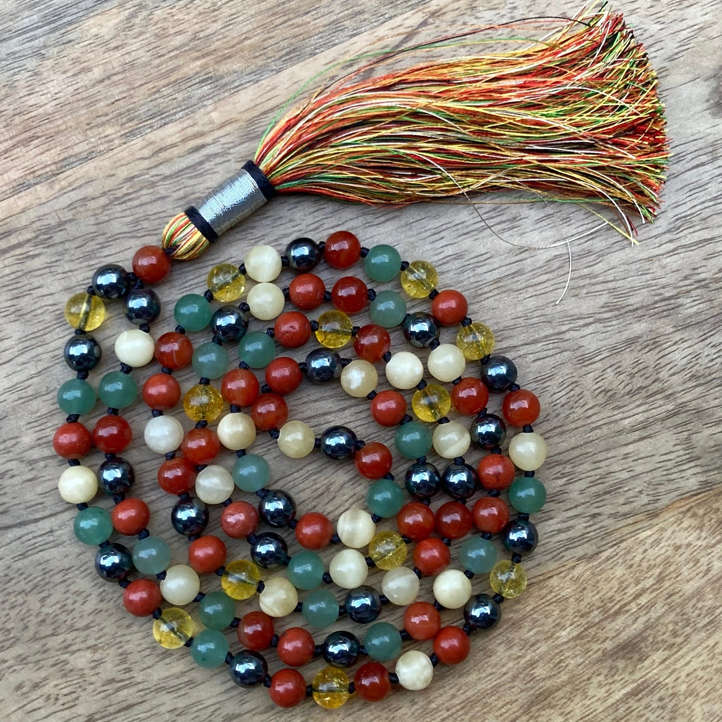 108 Mala Beads with Hematite, Red jasper, Onyx, Aventurine, Calcite, Citrine, Meditation Necklace, Prayer beads For Protection & Grounding