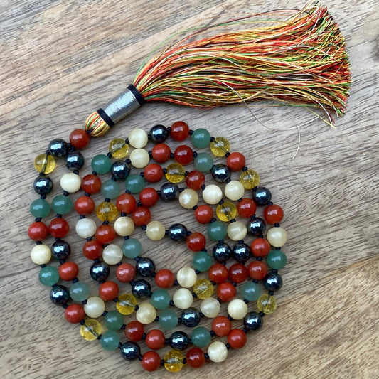 108 Mala Beads with Hematite, Red jasper, Onyx, Aventurine, Calcite, Citrine, Meditation Necklace, Prayer beads For Protection & Grounding