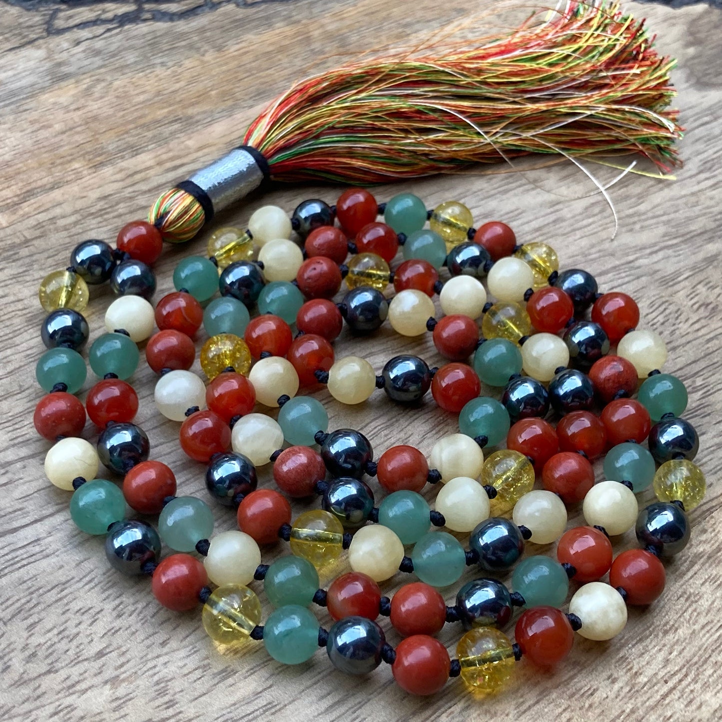 108 Mala Beads with Hematite, Red jasper, Onyx, Aventurine, Calcite, Citrine, Meditation Necklace, Prayer beads For Protection & Grounding