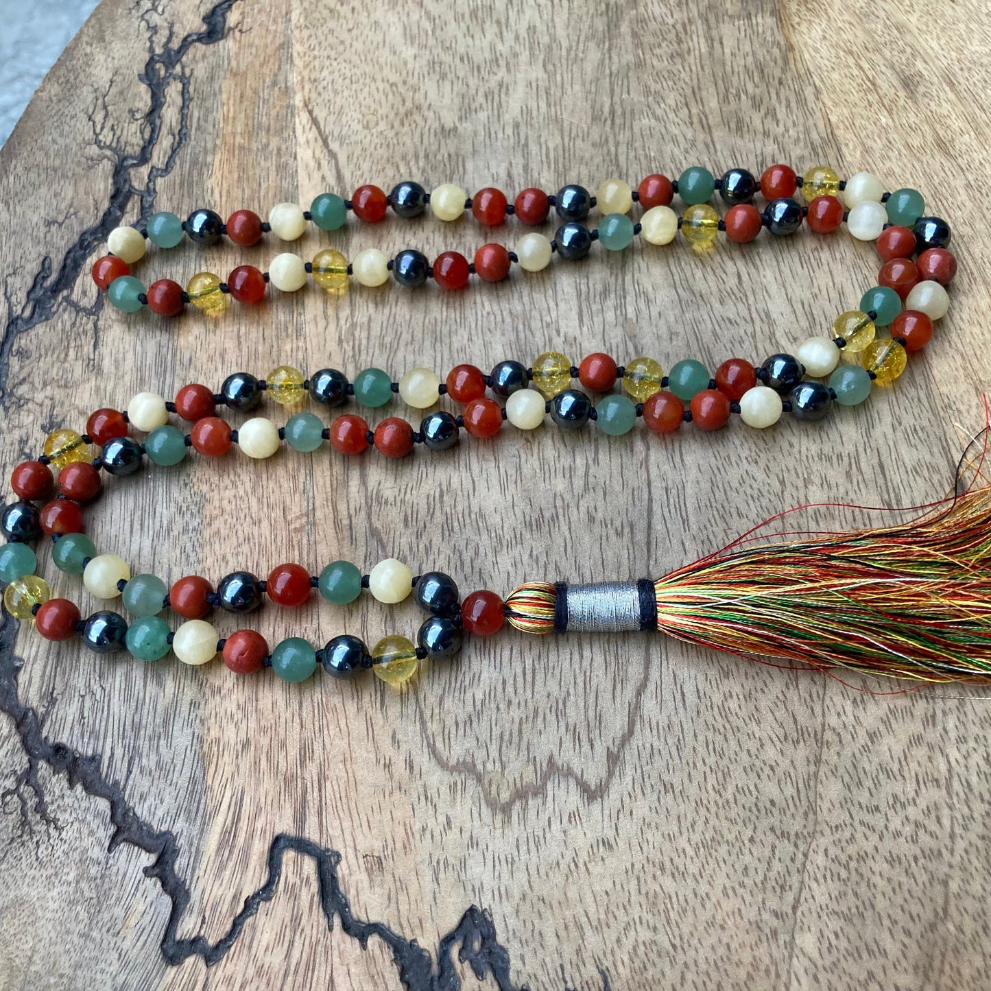 108 Mala Beads with Hematite, Red jasper, Onyx, Aventurine, Calcite, Citrine, Meditation Necklace, Prayer beads For Protection & Grounding