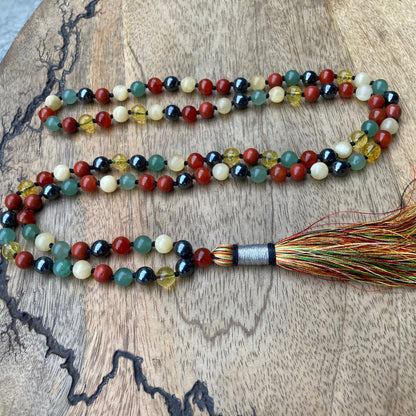 108 Mala Beads with Hematite, Red jasper, Onyx, Aventurine, Calcite, Citrine, Meditation Necklace, Prayer beads For Protection & Grounding