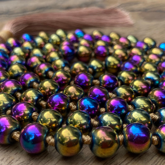 Rainbow Hematite Mala, 108 Mala Beads, Hematite Necklace, Bohemian Jewelry, Protective Crystals, Statement Necklace