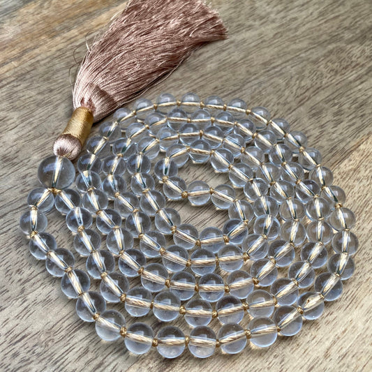 AAA Natural Sphatik Mala, 108 Mala Beads, Genuine Sphatic Crystal Beads Necklace 8MM, Handmade Jewelry