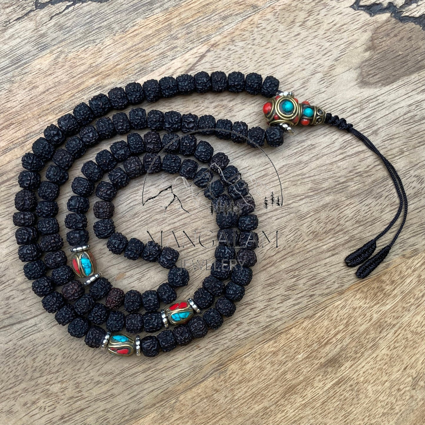 108 Natural Aged Dark Black Rudraksha Seed Mala With Inlaid Brass Counter Beads, Mantra Mala Prayer Beads, Sacred Bead for Reiki Healing