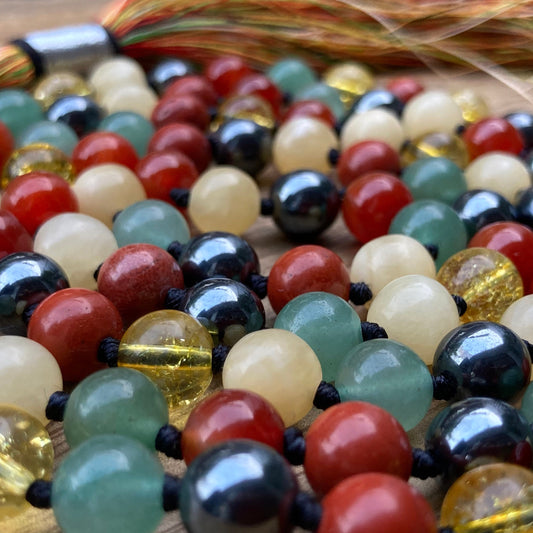 108 Mala Beads with Hematite, Red jasper, Onyx, Aventurine, Calcite, Citrine, Meditation Necklace, Prayer beads For Protection & Grounding