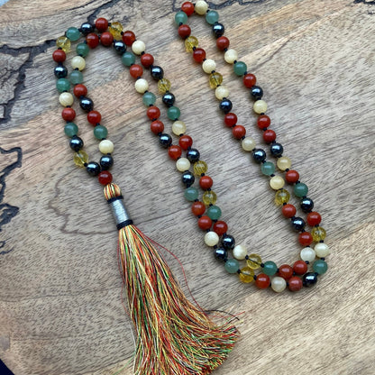 108 Mala Beads with Hematite, Red jasper, Onyx, Aventurine, Calcite, Citrine, Meditation Necklace, Prayer beads For Protection & Grounding