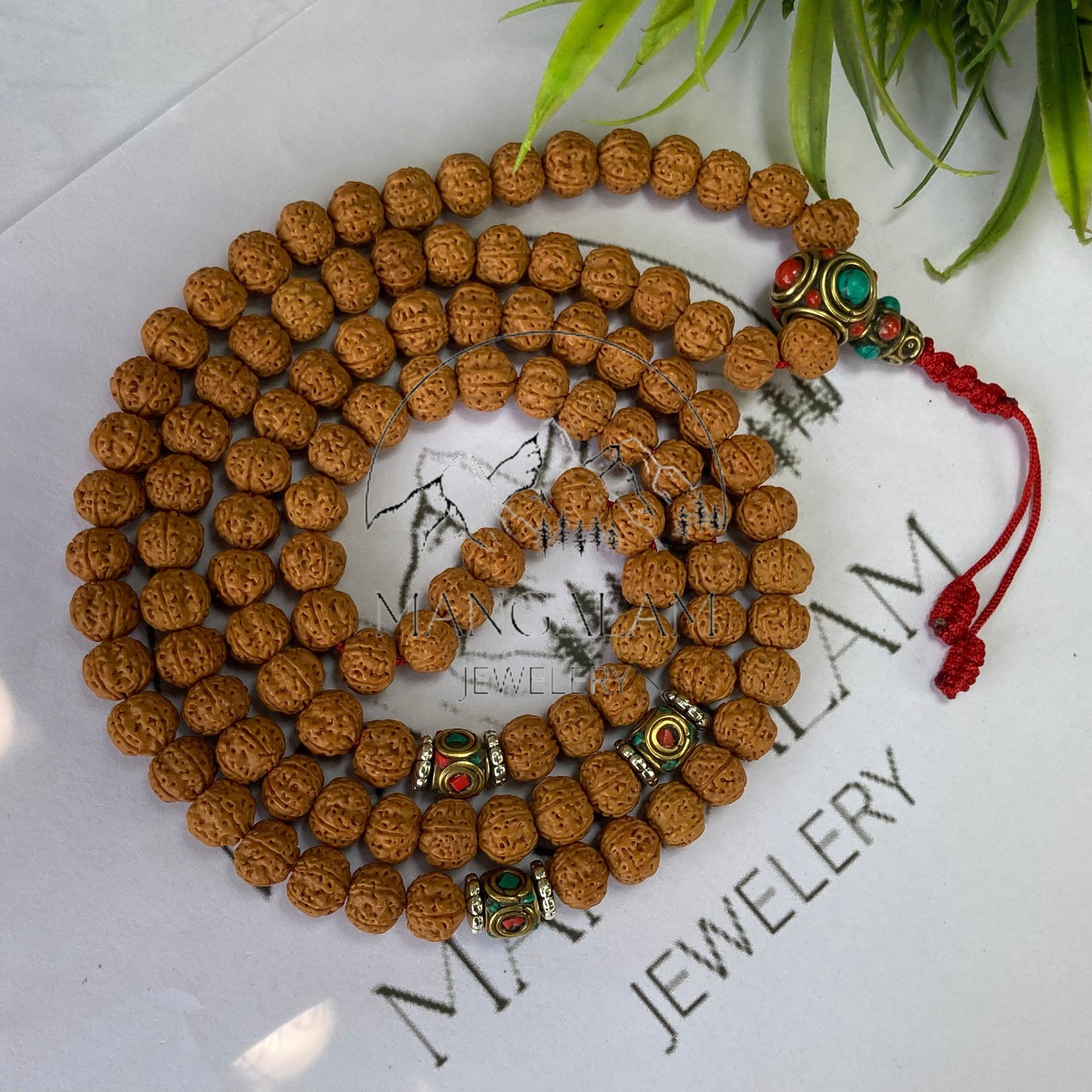 Very Rare Rudraksha Pathri Mala, Chikna Pathar Mala 10MM, Tibetan Bead Mala Necklace, with Inlaid Brass counter beads, Yoga Jewelry