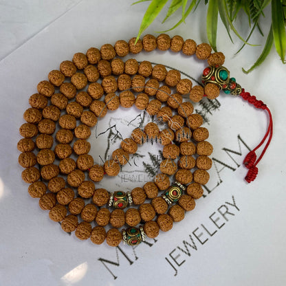 Very Rare Rudraksha Pathri Mala, Chikna Pathar Mala 10MM, Tibetan Bead Mala Necklace, with Inlaid Brass counter beads, Yoga Jewelry