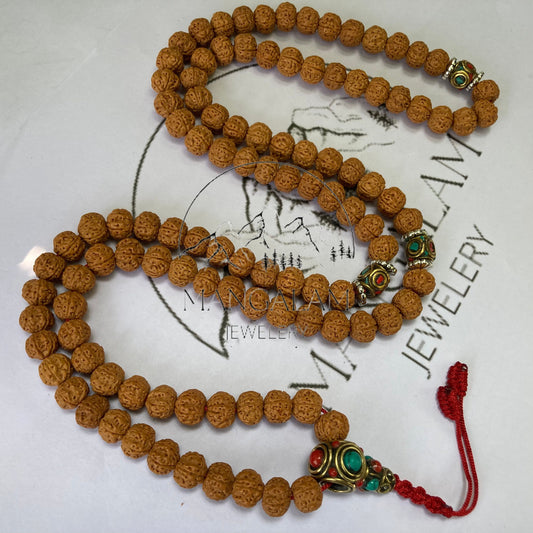 Very Rare Rudraksha Pathri Mala, Chikna Pathar Mala 10MM, Tibetan Bead Mala Necklace, with Inlaid Brass counter beads, Yoga Jewelry