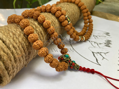 Very Rare Rudraksha Pathri Mala, Chikna Pathar Mala 10MM, Tibetan Bead Mala Necklace, with Inlaid Brass counter beads, Yoga Jewelry