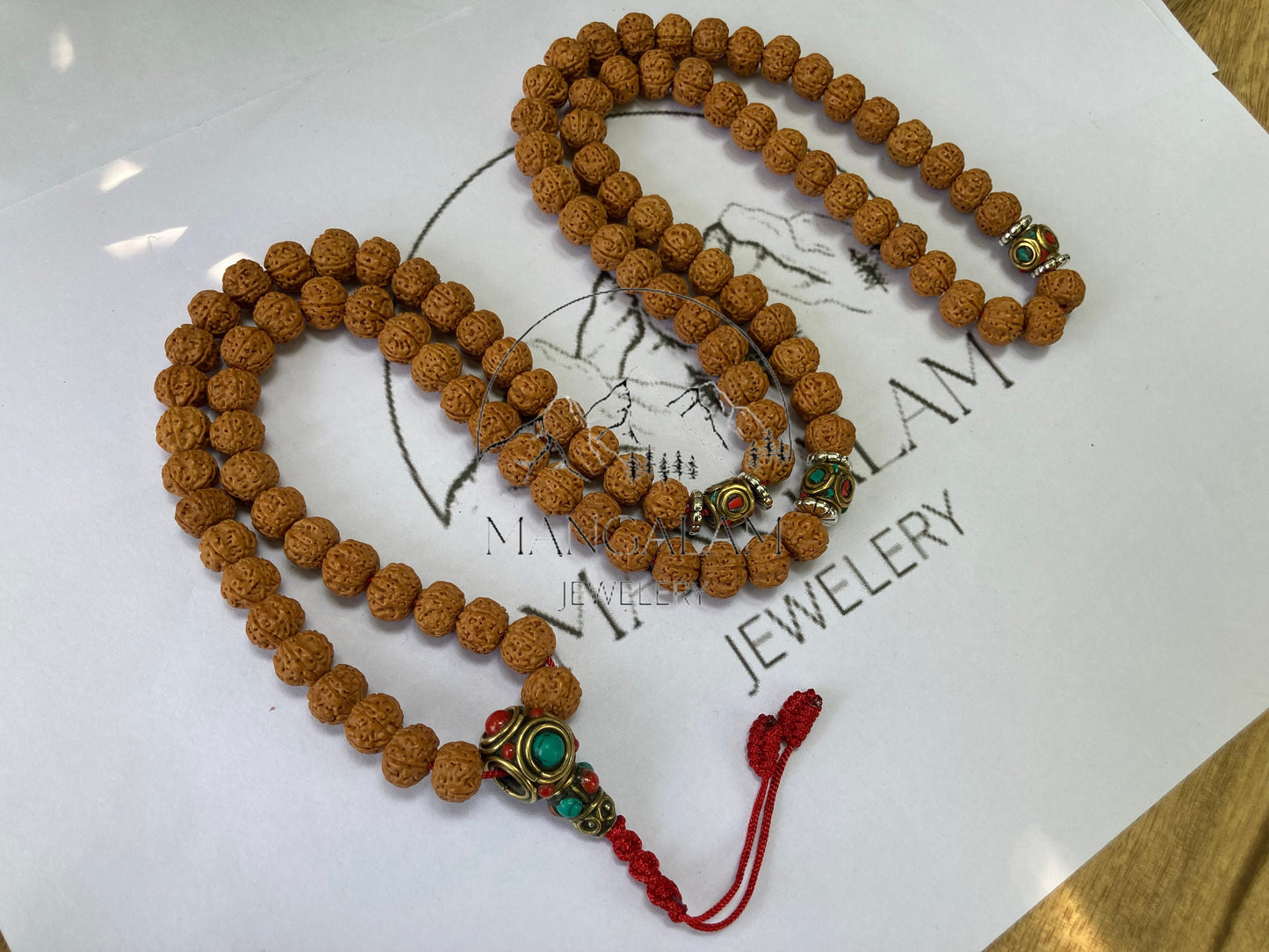 Very Rare Rudraksha Pathri Mala, Chikna Pathar Mala 10MM, Tibetan Bead Mala Necklace, with Inlaid Brass counter beads, Yoga Jewelry