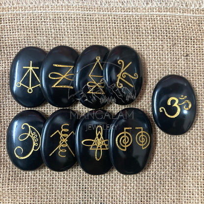 Karuna Reiki Set, Black Tourmaline Karuna Runes, Complete 9 Piece Crystal Engraved Karuna Symbol Reiki Runes, Black Tourmaline Reiki Set