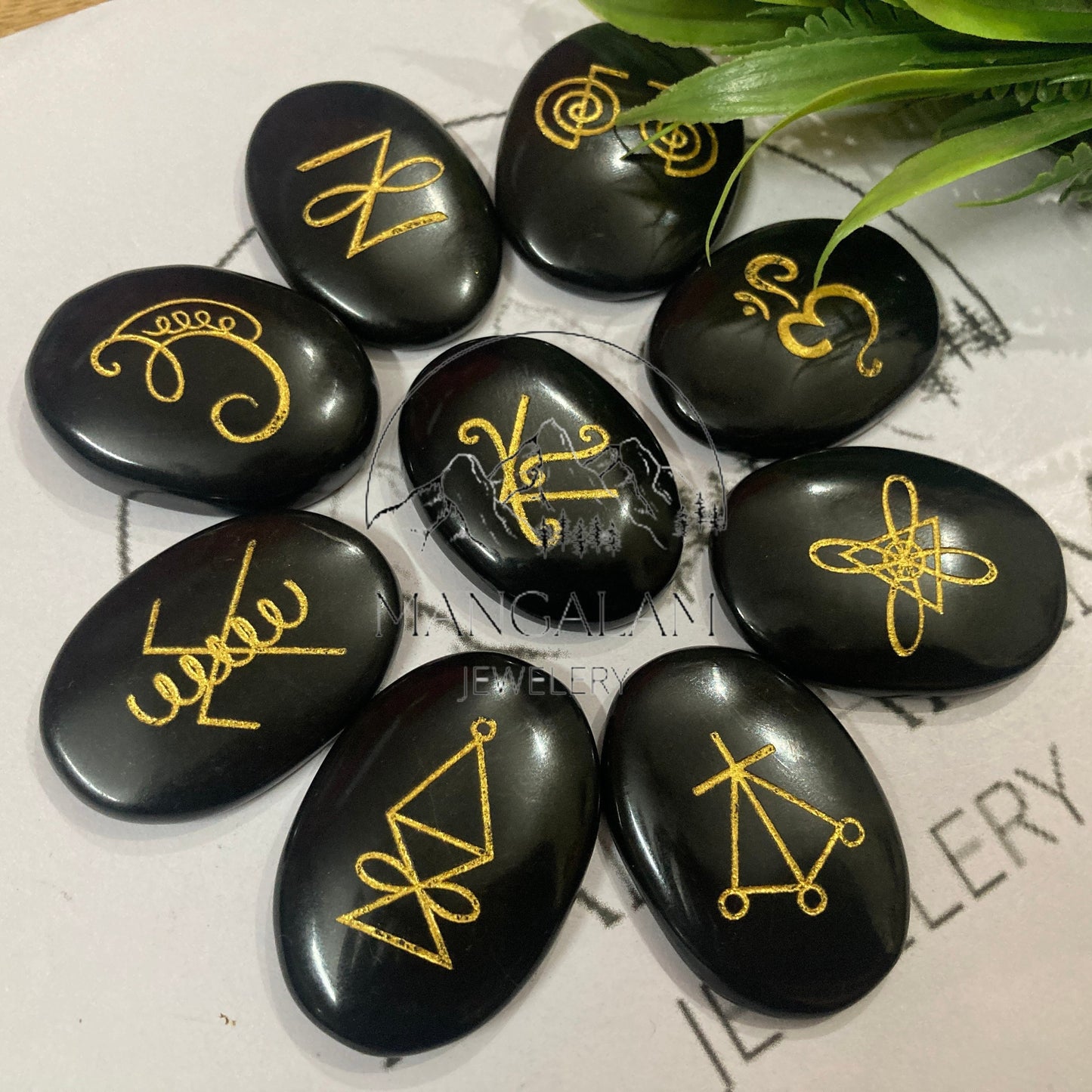 Karuna Reiki Set, Black Tourmaline Karuna Runes, Complete 9 Piece Crystal Engraved Karuna Symbol Reiki Runes, Black Tourmaline Reiki Set