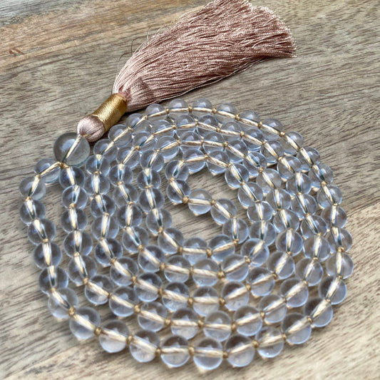 AAA Natural Sphatik Mala, 108 Mala Beads, Genuine Sphatic Crystal Beads Necklace 8MM, Handmade Jewelry