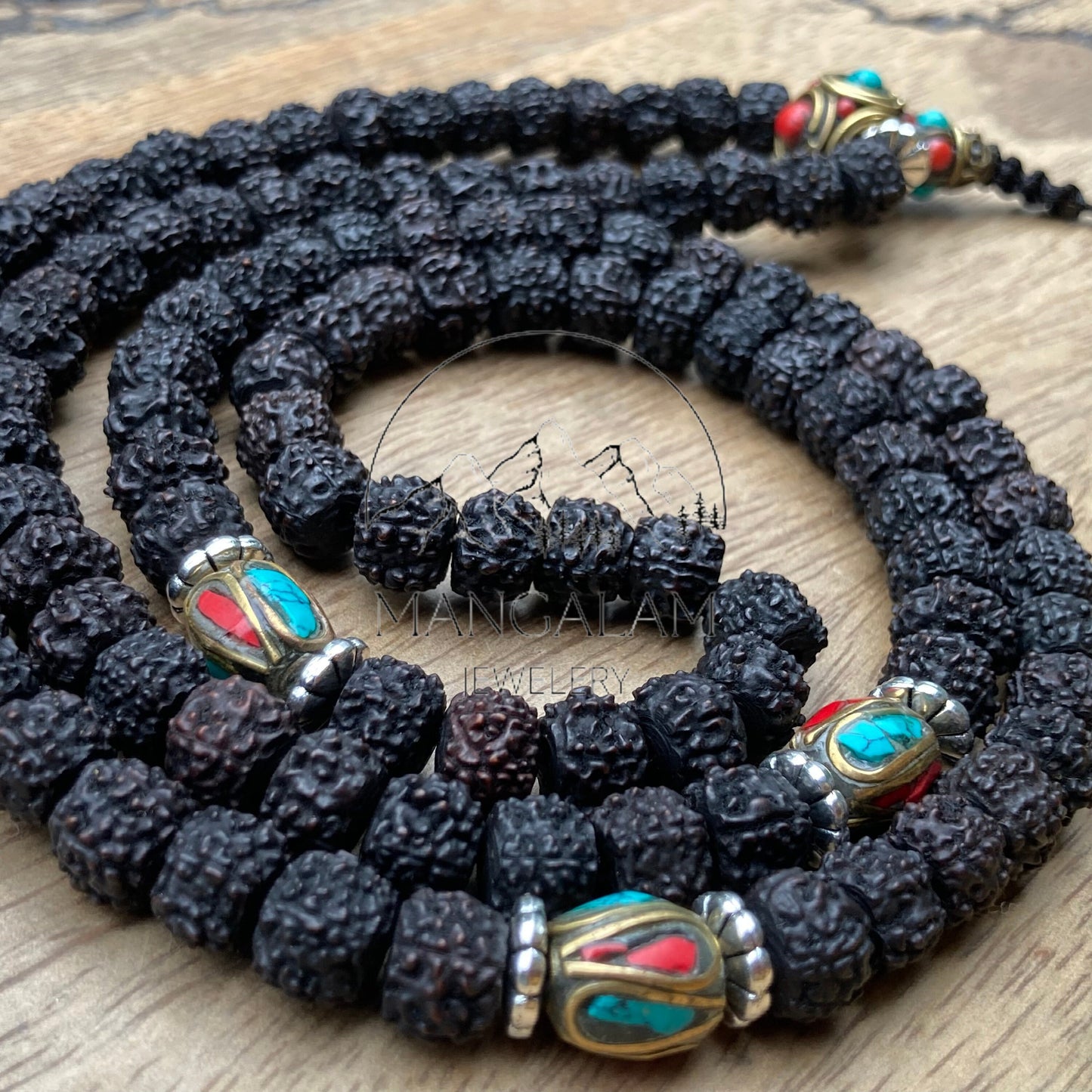 108 Natural Aged Dark Black Rudraksha Seed Mala With Inlaid Brass Counter Beads, Mantra Mala Prayer Beads, Sacred Bead for Reiki Healing