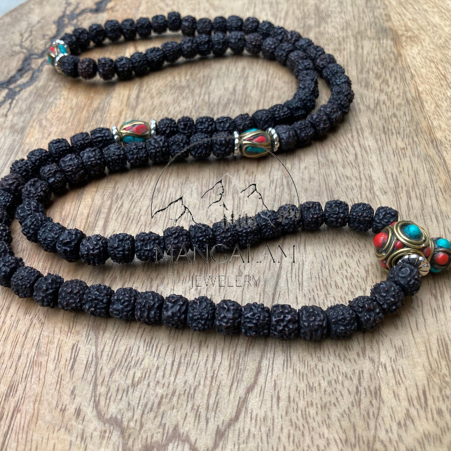 108 Natural Aged Dark Black Rudraksha Seed Mala With Inlaid Brass Counter Beads, Mantra Mala Prayer Beads, Sacred Bead for Reiki Healing