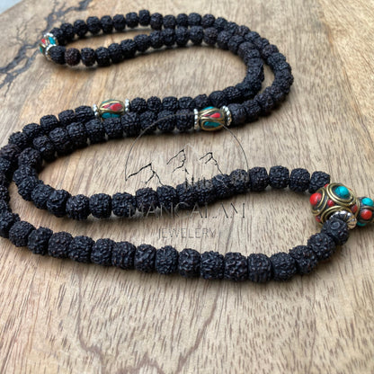 108 Natural Aged Dark Black Rudraksha Seed Mala With Inlaid Brass Counter Beads, Mantra Mala Prayer Beads, Sacred Bead for Reiki Healing