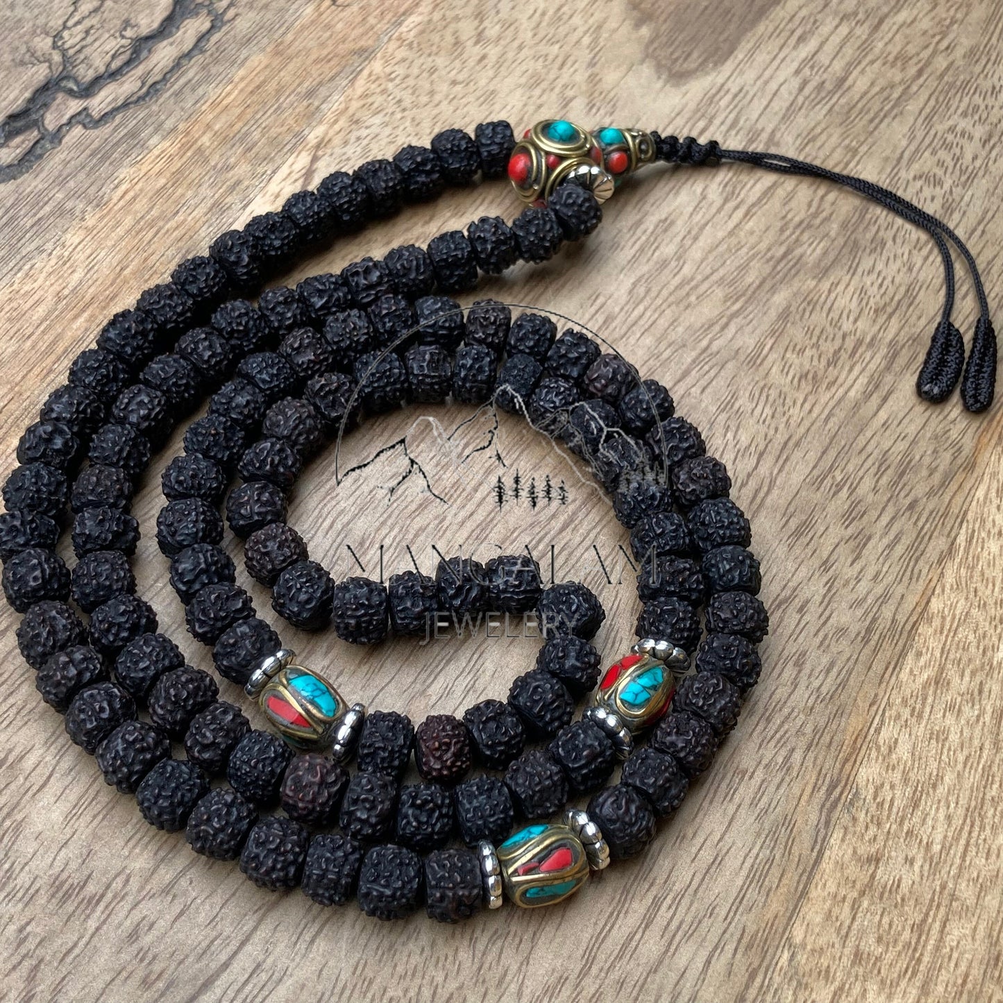 108 Natural Aged Dark Black Rudraksha Seed Mala With Inlaid Brass Counter Beads, Mantra Mala Prayer Beads, Sacred Bead for Reiki Healing