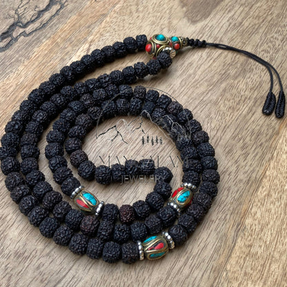 108 Natural Aged Dark Black Rudraksha Seed Mala With Inlaid Brass Counter Beads, Mantra Mala Prayer Beads, Sacred Bead for Reiki Healing
