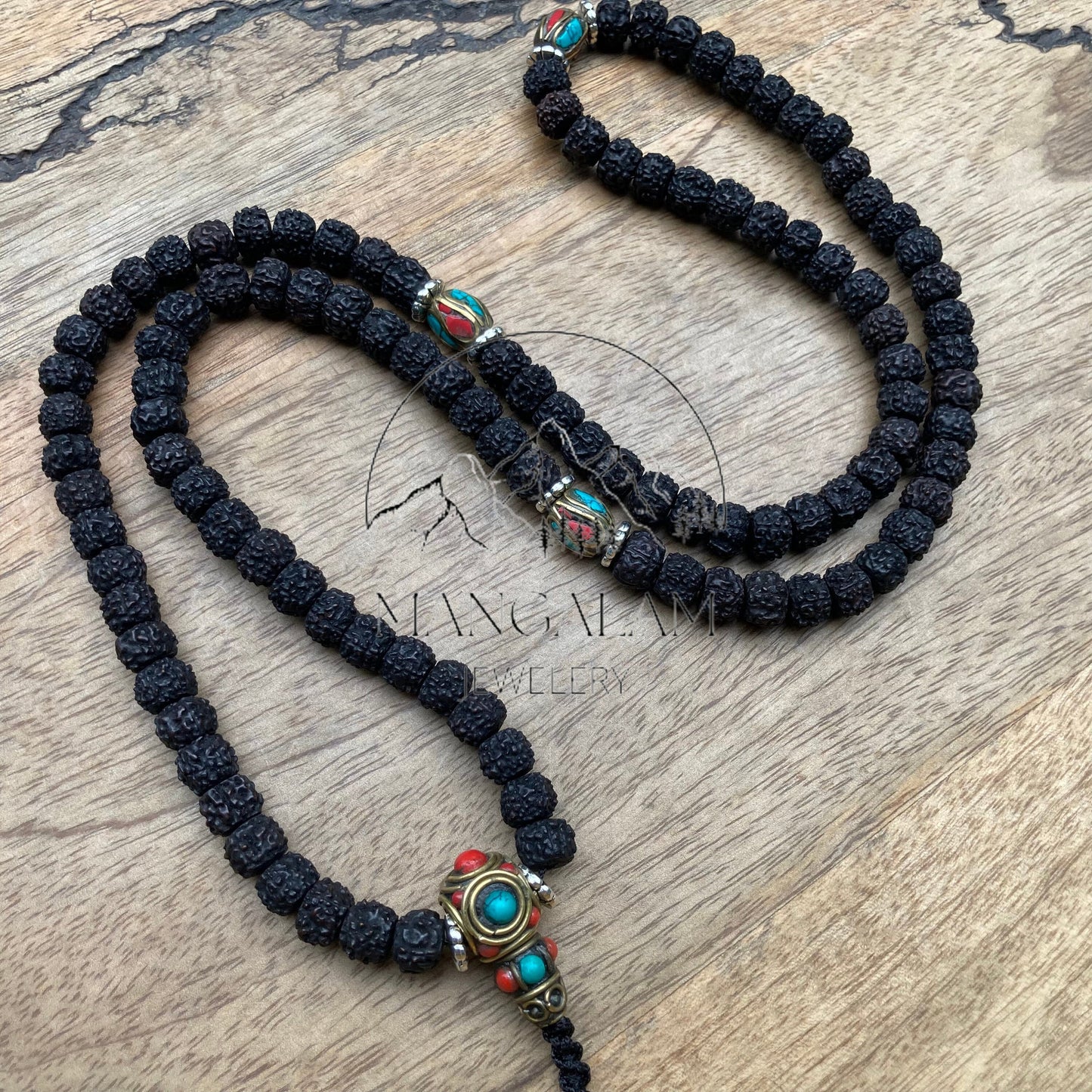 108 Natural Aged Dark Black Rudraksha Seed Mala With Inlaid Brass Counter Beads, Mantra Mala Prayer Beads, Sacred Bead for Reiki Healing