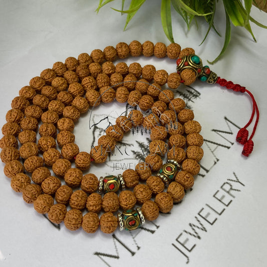 Very Rare Rudraksha Pathri Mala, Chikna Pathar Mala 10MM, Tibetan Bead Mala Necklace, with Inlaid Brass counter beads, Yoga Jewelry