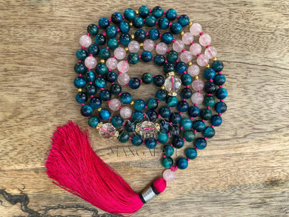 Light Blue Tiger Eye, Mantra Mala, With Rose Quartz Beads, Japa Mala, Clear Quarz Mantra Beads, 108 Bead mala