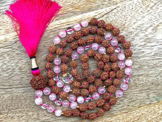 Love attraction mala Rose Quartz mala With 5 Mukhi rudraksha mala and clear Quartz Beads, Meditation Mala, Rose quartz Mala, Yoga Jewelry